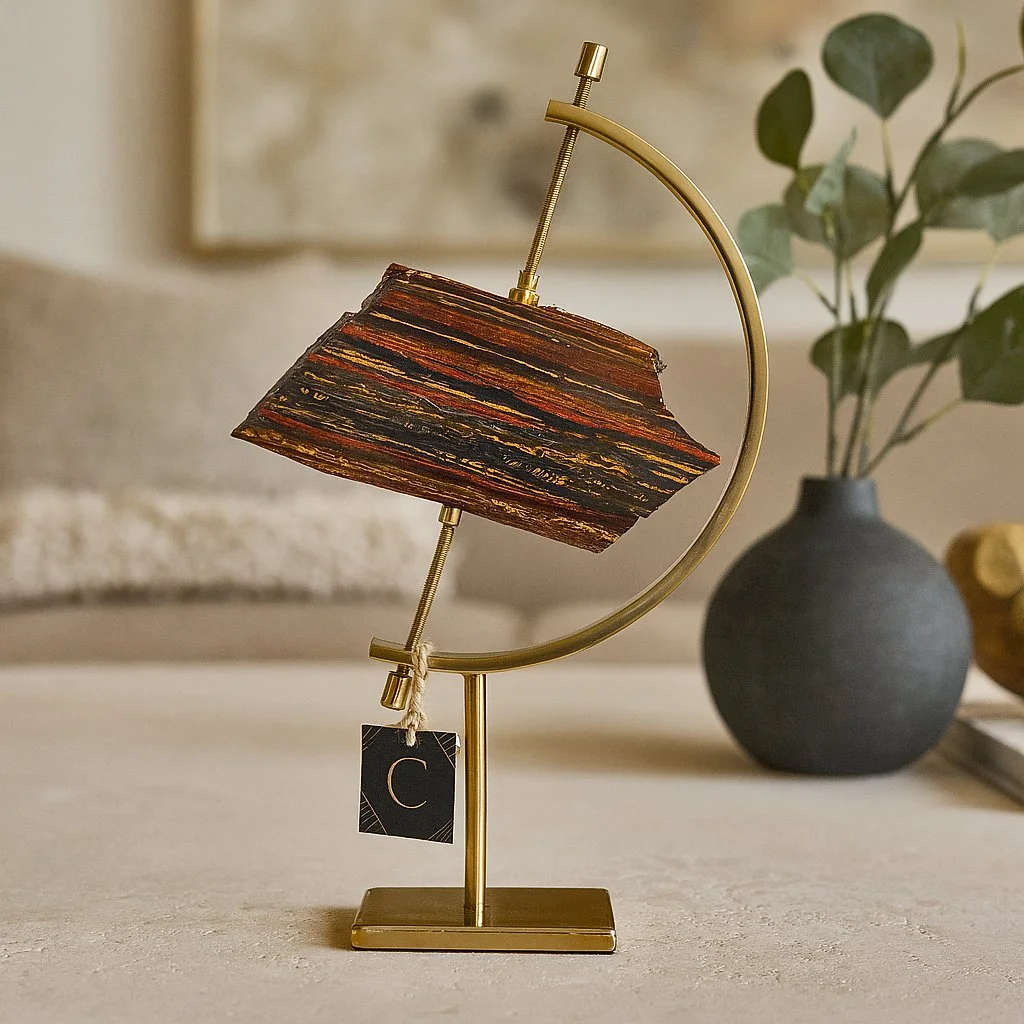 Polished Tiger’s Iron slice mounted in a brass orbit stand on a stone table