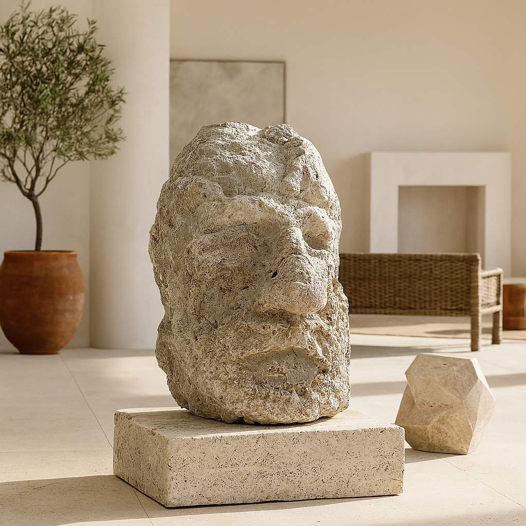 Large hand-chiseled travertine head sculpture with textured stone finish
