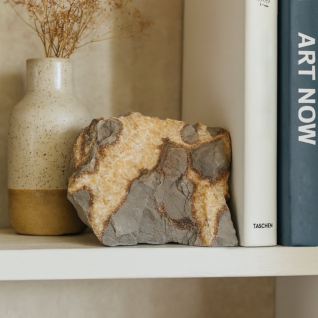 Image of a raw Septarian stone featuring caramel crystal formations within a rugged gray matrix