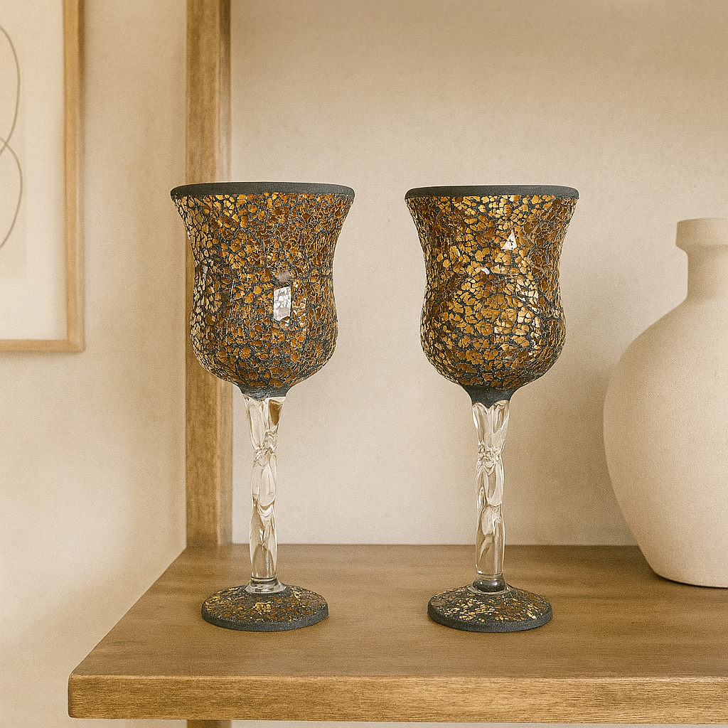 Pair of 12-inch amber mosaic glass goblets with twisted stems