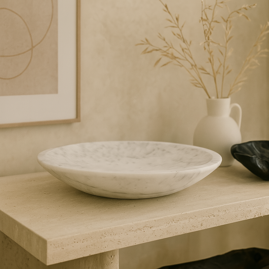 Round white marble bowl with subtle gray veining, 16-inch diameter