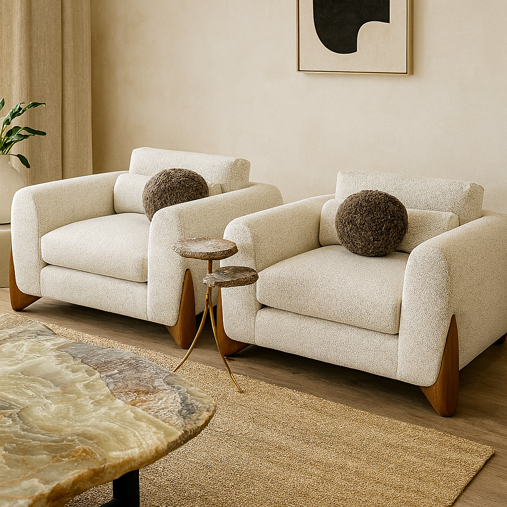Pair of Crosby Sugar bouclé club chairs with walnut legs in Dallas showroom
