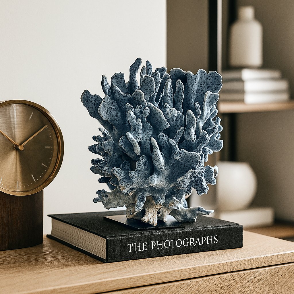 Mounted blue coral specimen with natural slate-blue branching fronds on black base