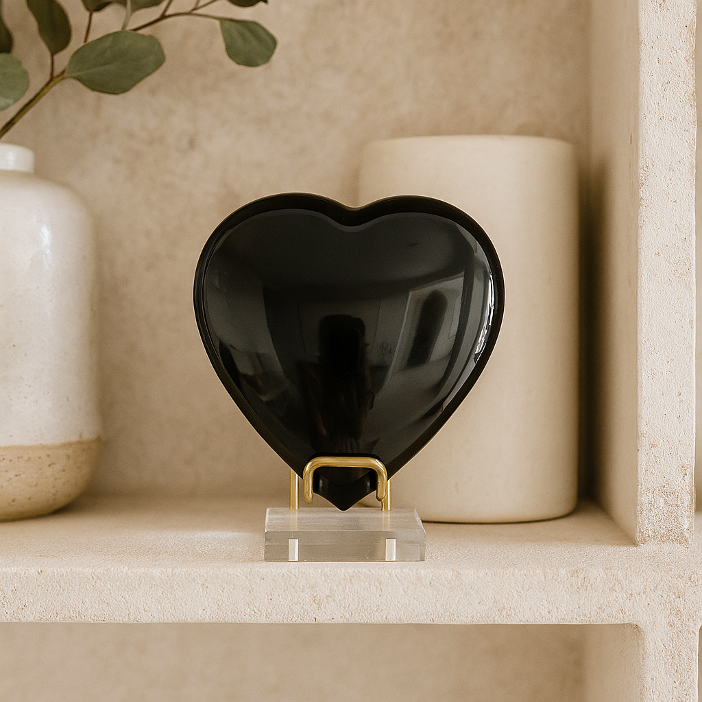 Polished black obsidian heart on acrylic and brass stand
