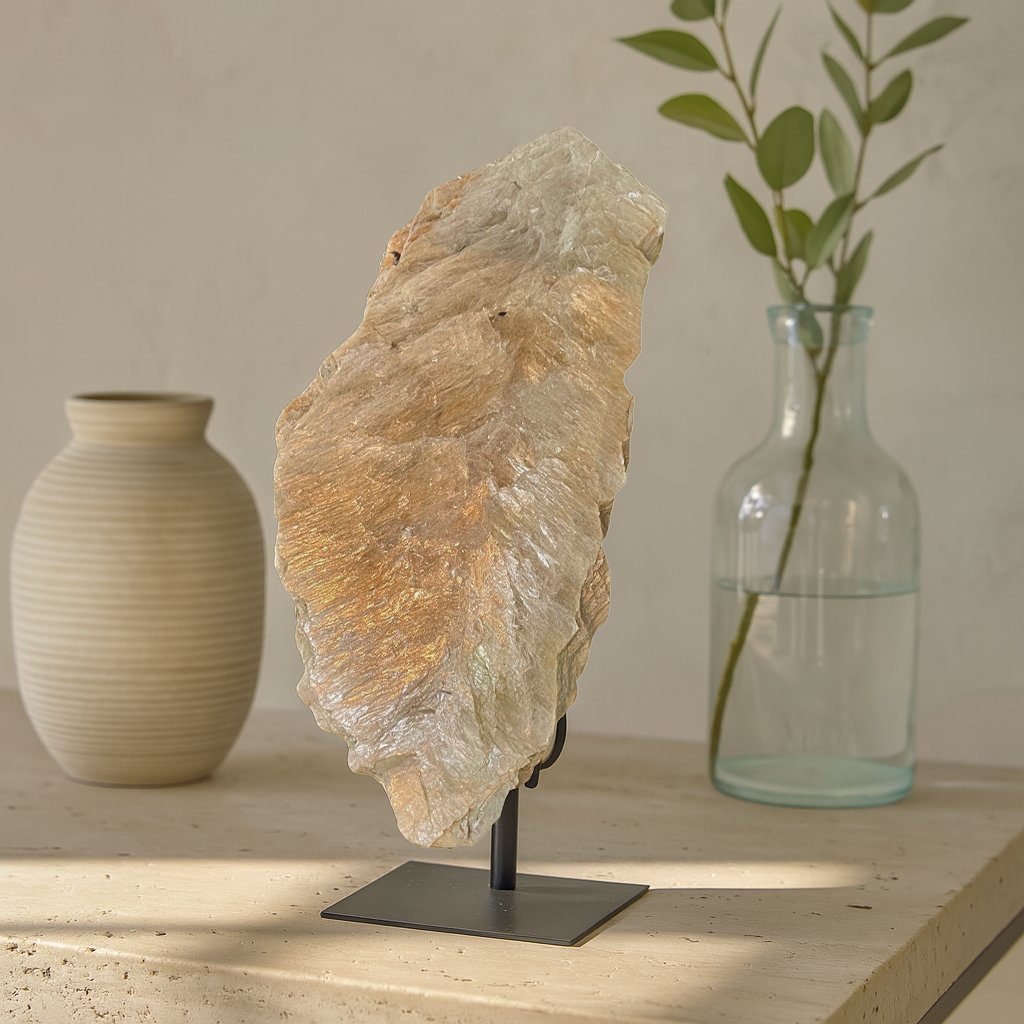 Standing Golden Mica mineral specimen on black metal base