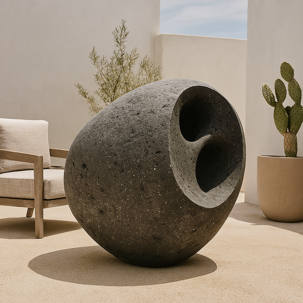 Black Egg Sculpture is a bold and meditative work carved from solid volcanic basalt