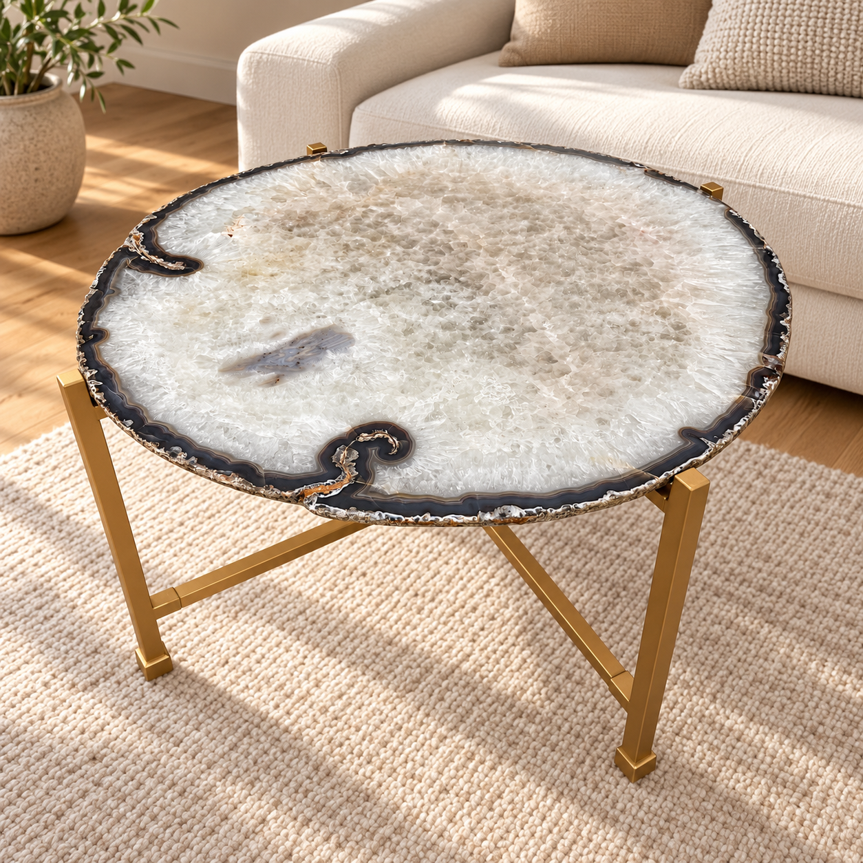 Celestia white agate geode coffee table with a dark natural rim and gold frame beside a cream sofa