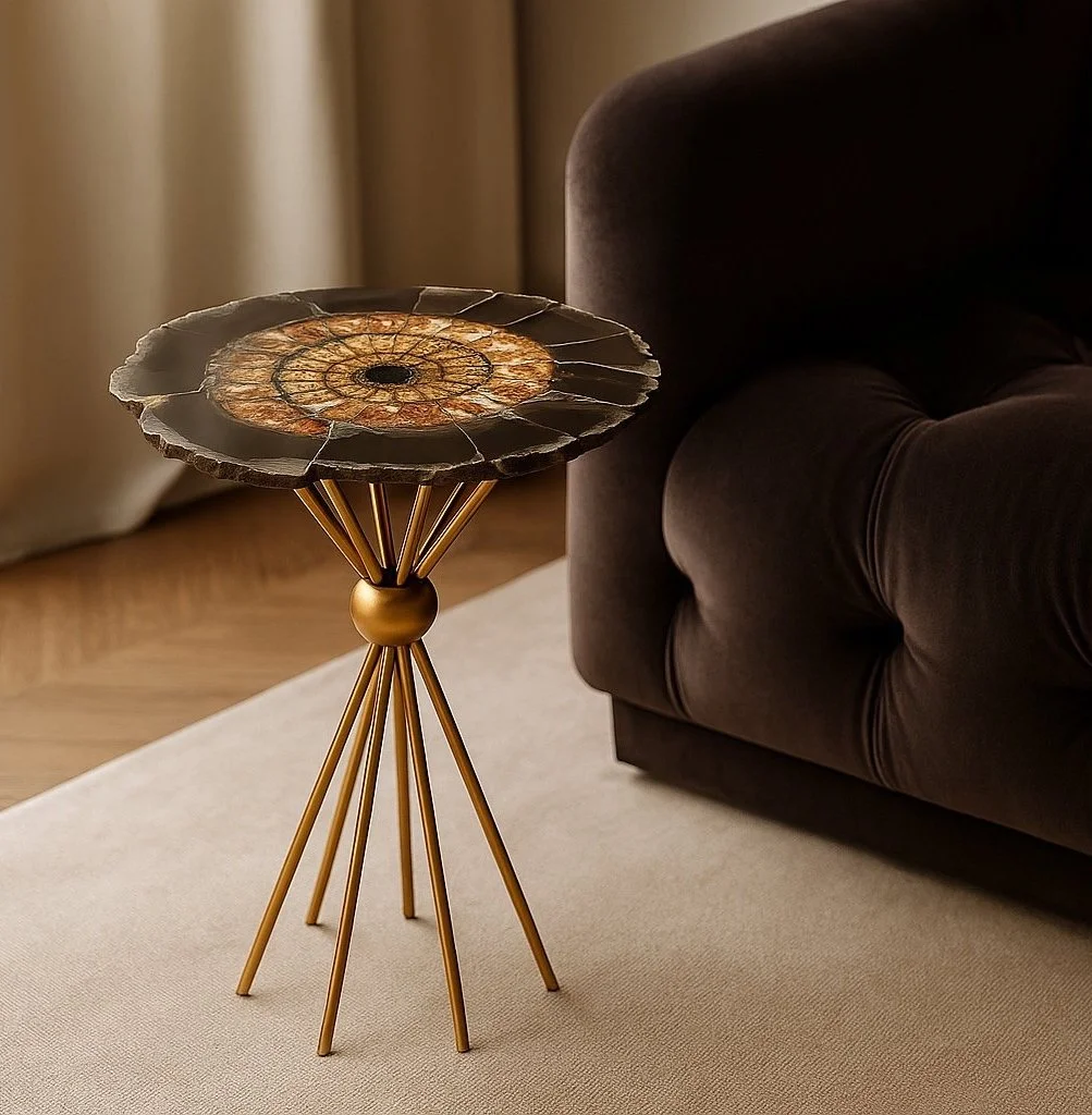 Ammonite fossil accent table with gold base featuring preserved spiral shell
