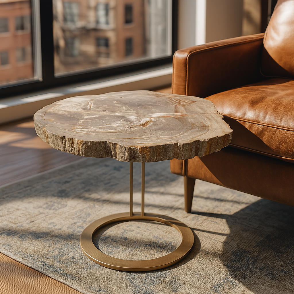 Round petrified wood side table on brass ring base in modern living room
