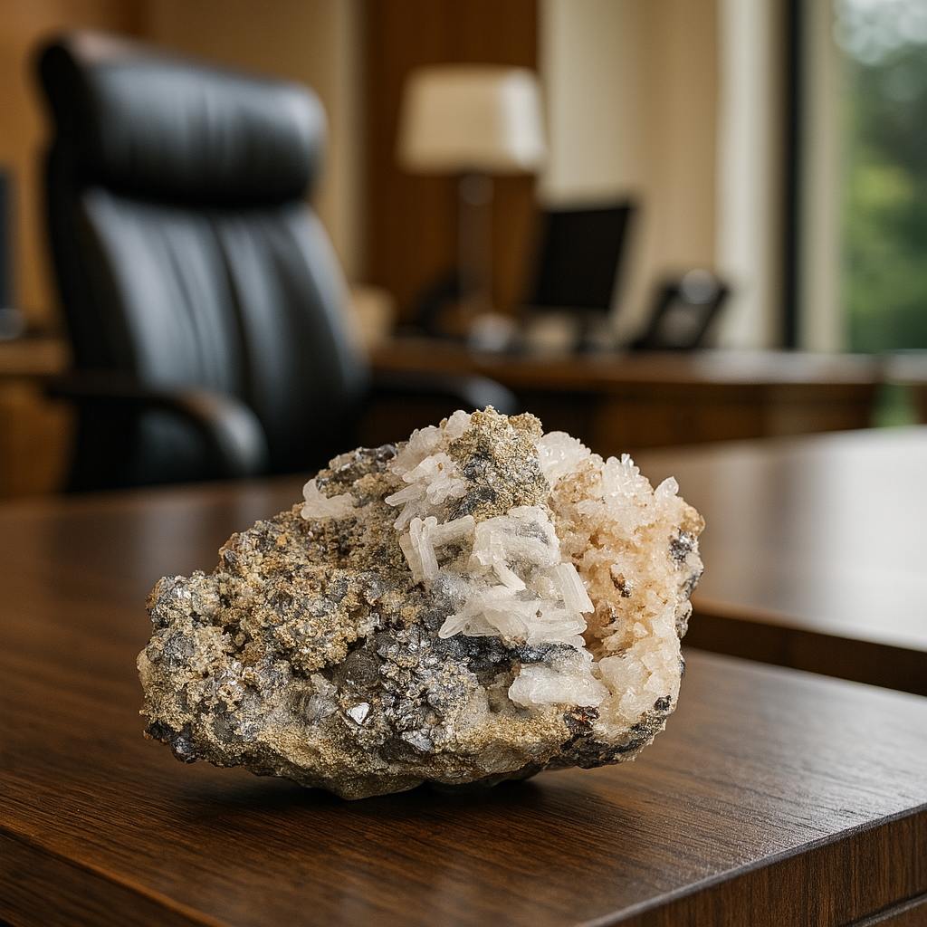 Image of a Pyrite and Pyrrhotite on Quartz specimen from El Potosí Mine, displayed on a black stand