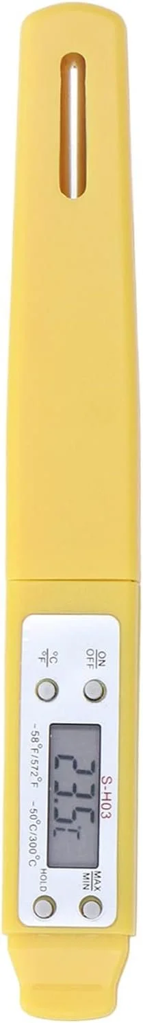 Yellow digital thermometer with a screen displaying a temperature of 23.6°C and buttons for settings.