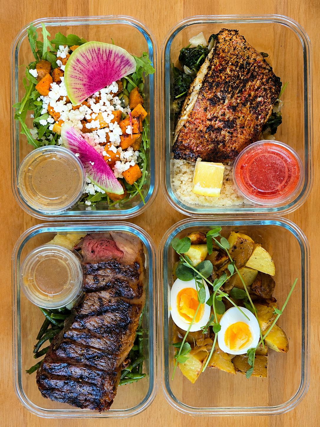 Four glass meal prep containers with salads, grilled salmon, steak, and roasted potatoes, on a wooden surface.