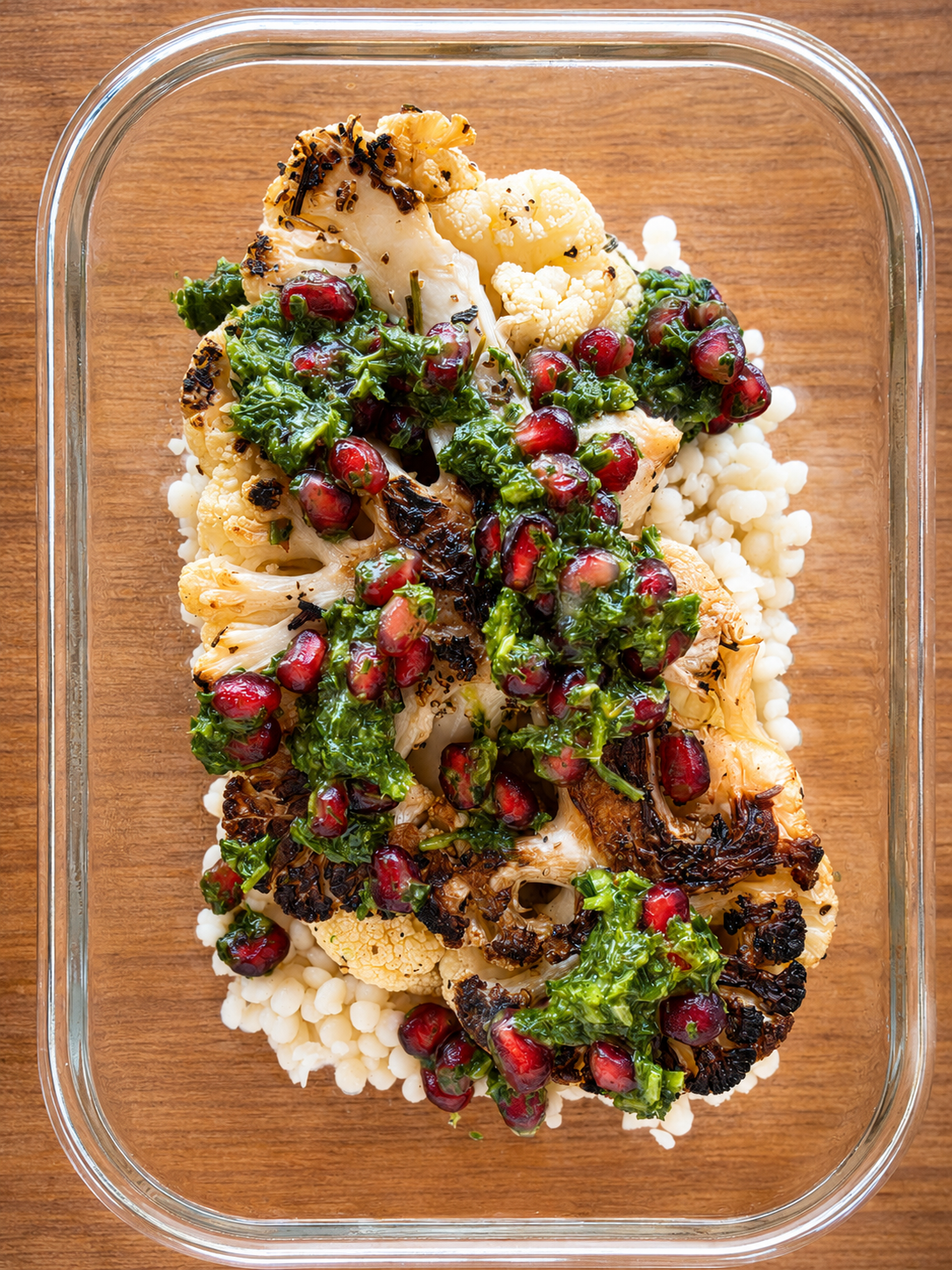 Charred cauliflower steak with pearl couscous, pomegranate and herb sauce in a reusable glass container.