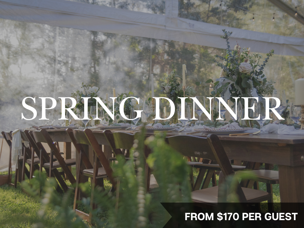 A table set for spring dinner with woven placemats, white plates, gold utensils, candles, glassware, napkins, and floral centerpieces, with 'Winter Dinner' text overlay.