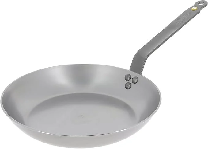 A gray non-stick frying pan with a long handle.
