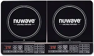 Double electric cooktop with two burners and digital control panels, branded 'Nuwave' with the slogan 'Live Well for Less.'