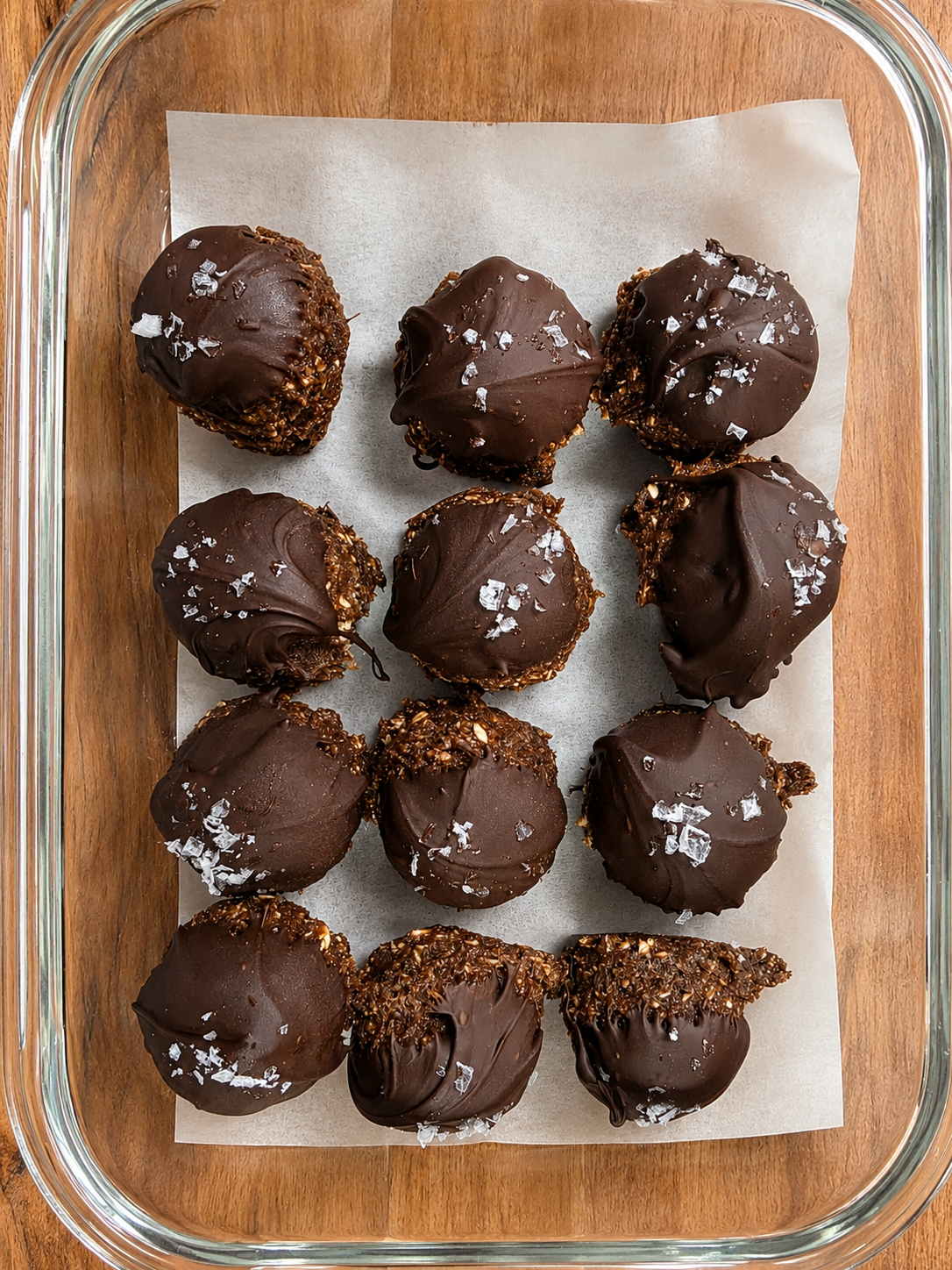 A glass baking dish with ten chocolate-covered truffles topped with sea salt flakes, arranged on a piece of parchment paper.