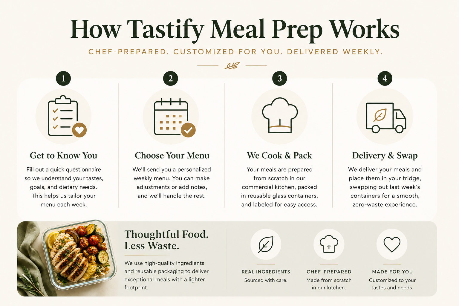 Infographic explaining how a meal prep service works, including steps to get to know your tastes, choose a menu, cooking and packing, and delivery and swap process, with a photo of a prepared meal.
