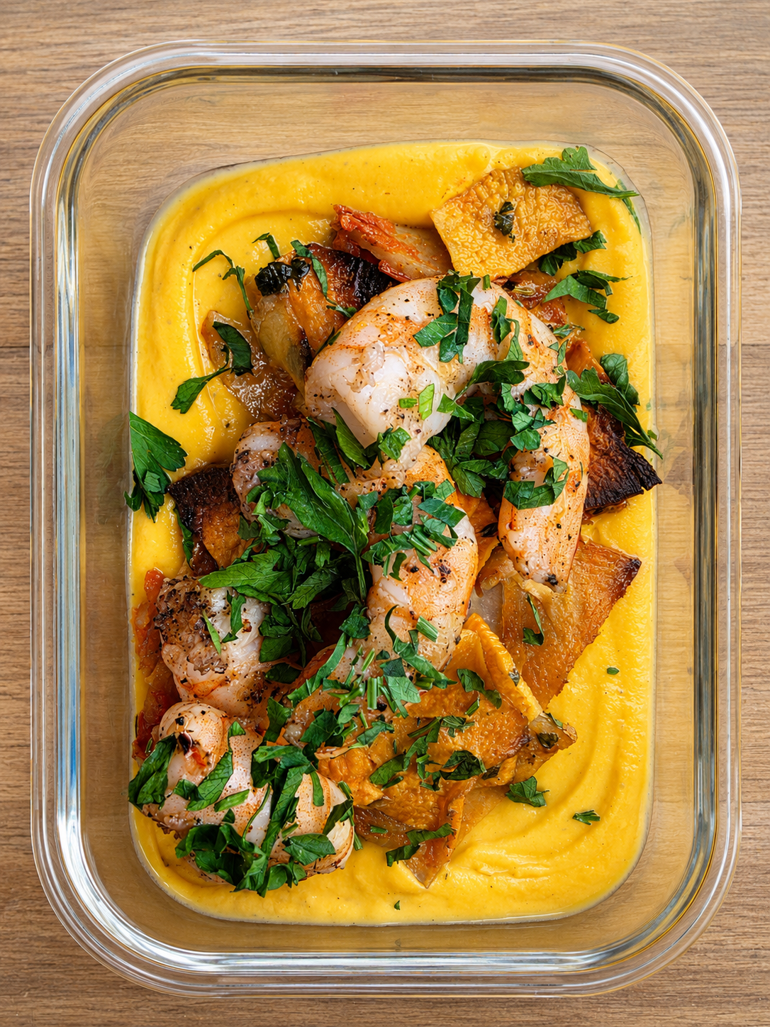Baked shrimp and roasted vegetables over creamy mashed potatoes, garnished with chopped parsley.