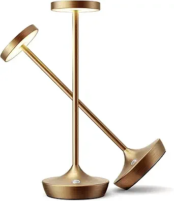 A modern metallic table lamp with a minimalist design, featuring a circular base, slender vertical support, and a tilted lamp head.
