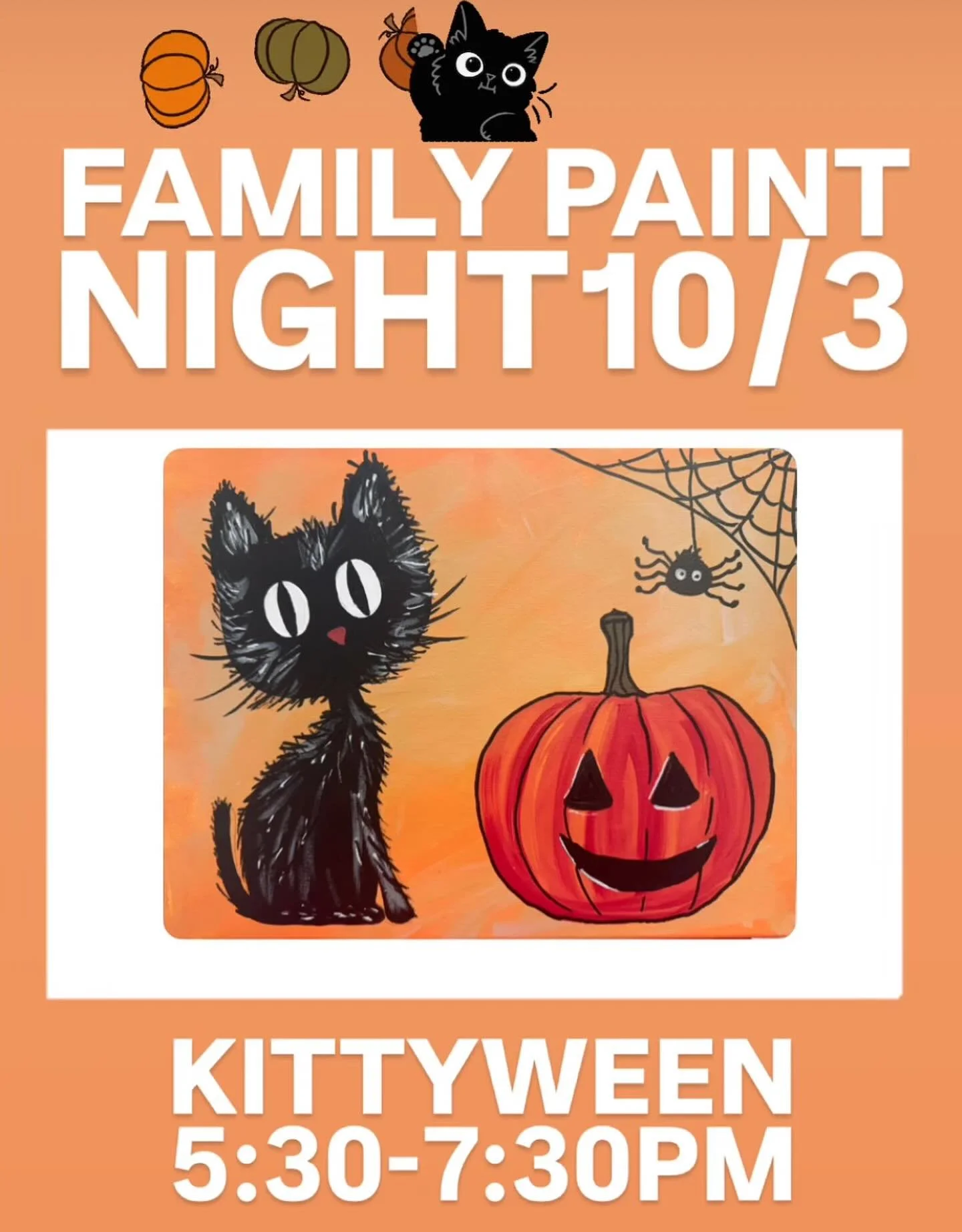 Kick off the spooky season with our Halloween Family Paint Night! Families will get to paint together and create this adorable Kittyween painting! It&rsquo;s the perfect way to celebrate the season, make memories, and take home a keepsake that you ca