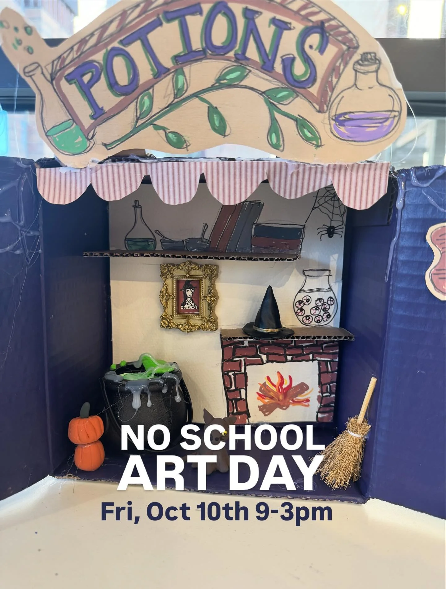 Your kid doesn&rsquo;t have school tomorrow! Keep them on their screens and get the into the studio. We have a fun No School Art Day planned! 10/10 9-3pm We will be hand crafting Potion Labs! Link in bio to register.
