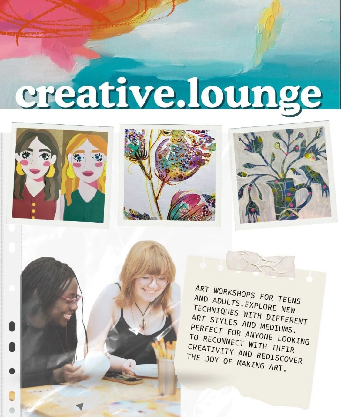 The creative.lounge is an inviting space offering weekly evening art workshops for teens and adults. These relax sessions give participants the chance to explore different art styles and mediums, try new techniques and enjoy an inspiring studio exper