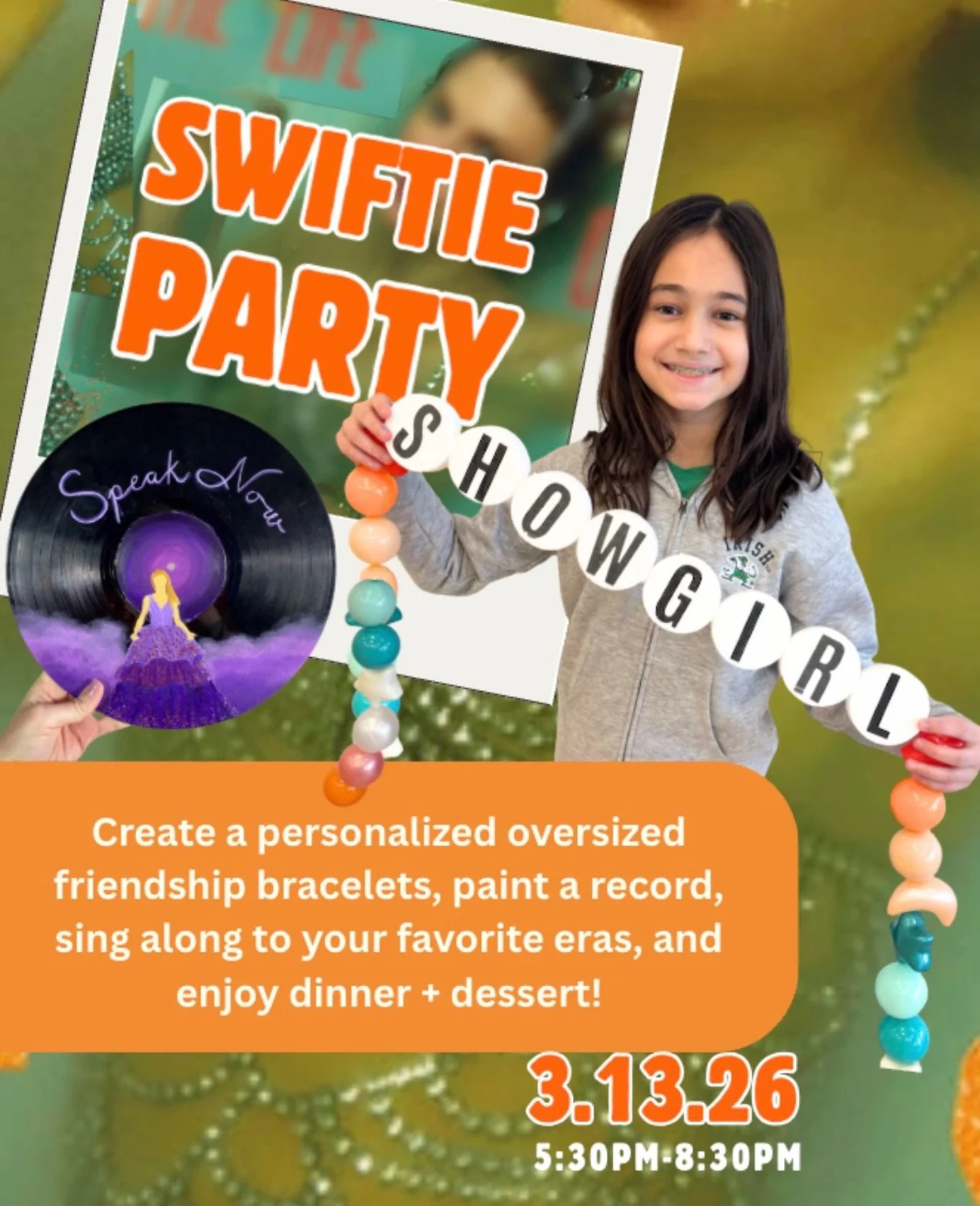 If you&rsquo;re one of Taylor Swift&rsquo;s biggest fans this night is for you! 🧡💚🎶 Friday, March 13th from 5:30 to 8:30pm. We&rsquo;re throwing a Swifty Party. You will be designing your own oversized friendship, bracelet, painting a record, sing