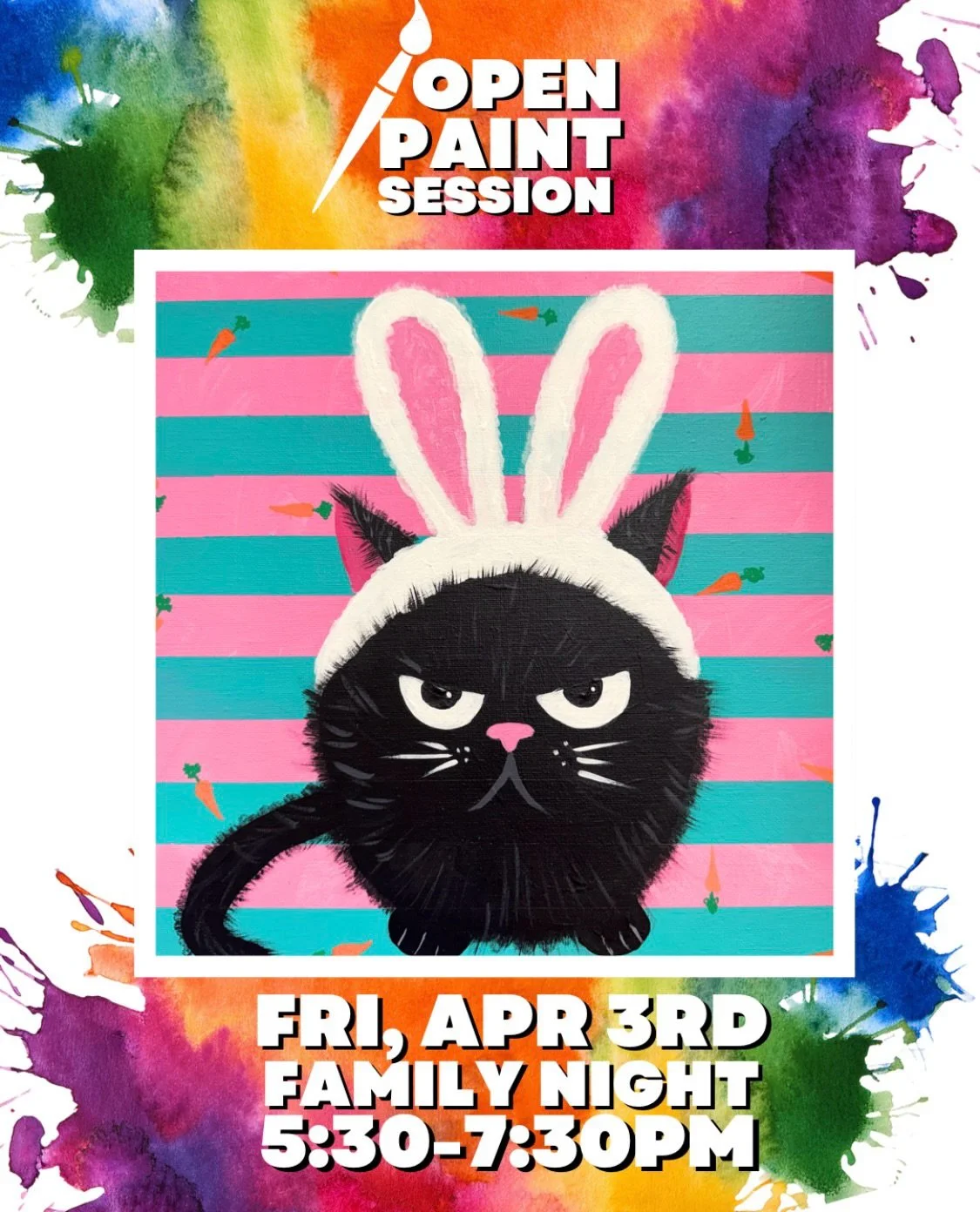 Grumpy Bunny Cat is making an appearance. Fri, April 3rd 5:30-7:30pm Join us for a joy filled Family Paint Night where kids and parents get to create side by side. Our featured painting for the night is the cutest and grumpiest, Bunny Cat and if that