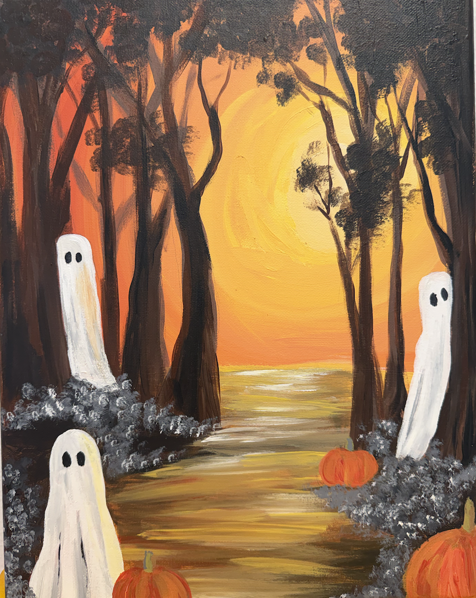 Painting of a creek scene with ghosts hiding.