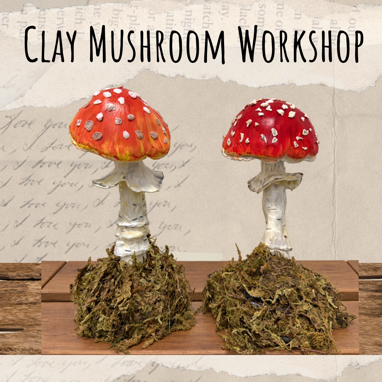 Two realistic colorful handmade clay mushrooms