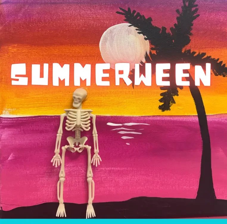 Beaverton kid art camp themed painting of a sunset and skeleton
