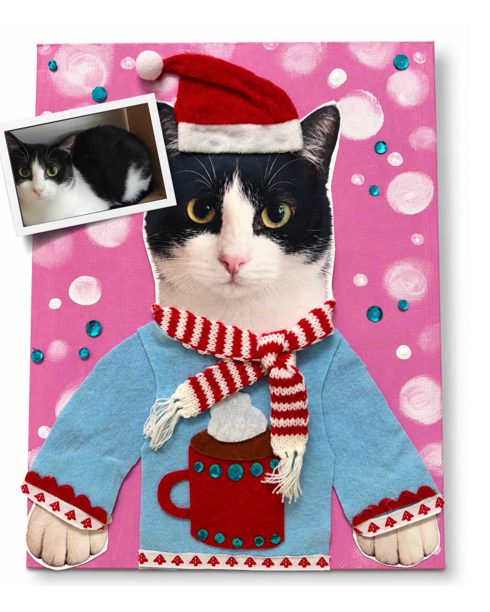 Black and white cat holiday collage wearing a Santa hat, striped scarf, and blue sweater with a red cocoa mug on a pink background.