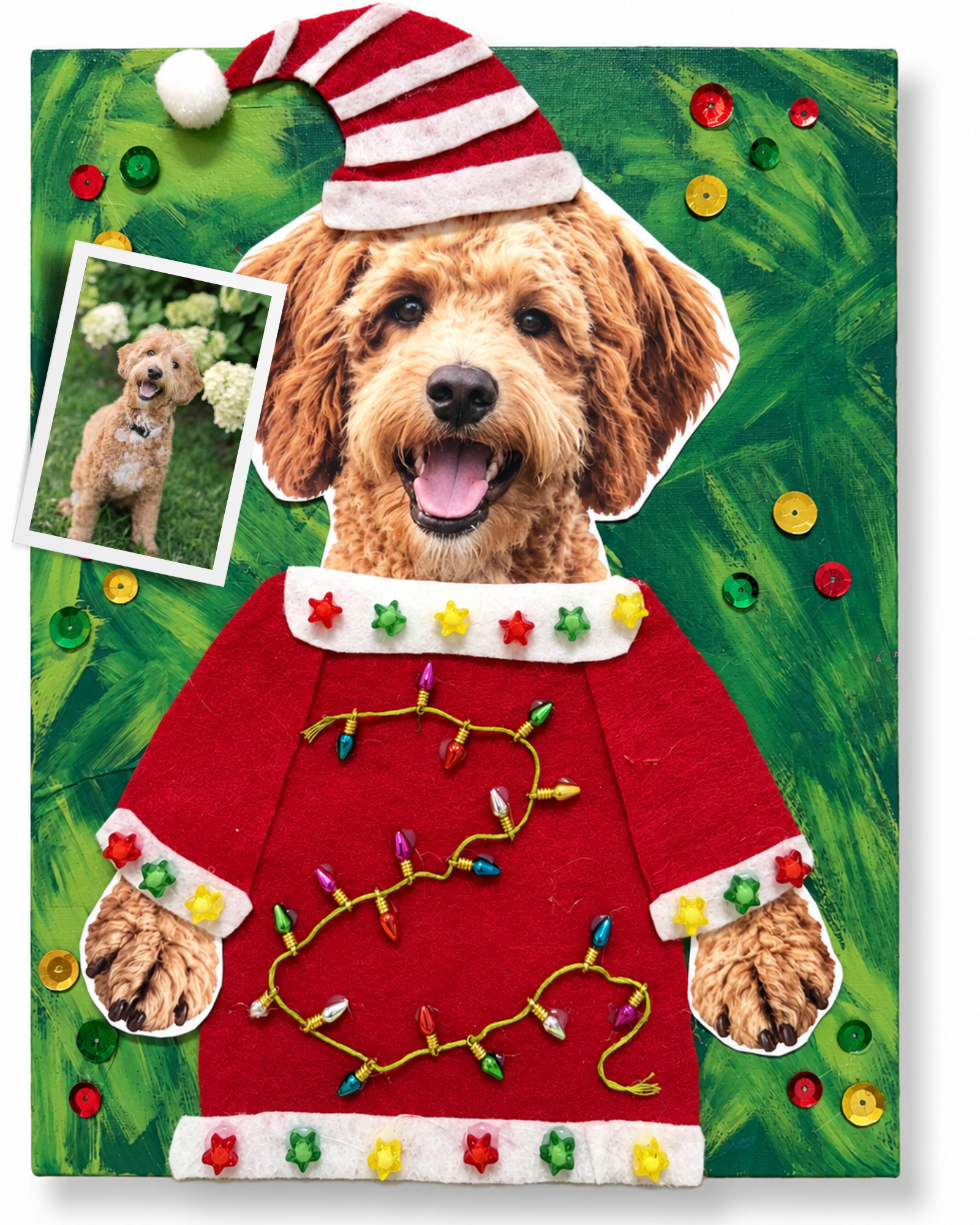 Smiling golden dog holiday collage wearing a Santa hat and red sweater decorated with miniature Christmas lights on a green painted background.