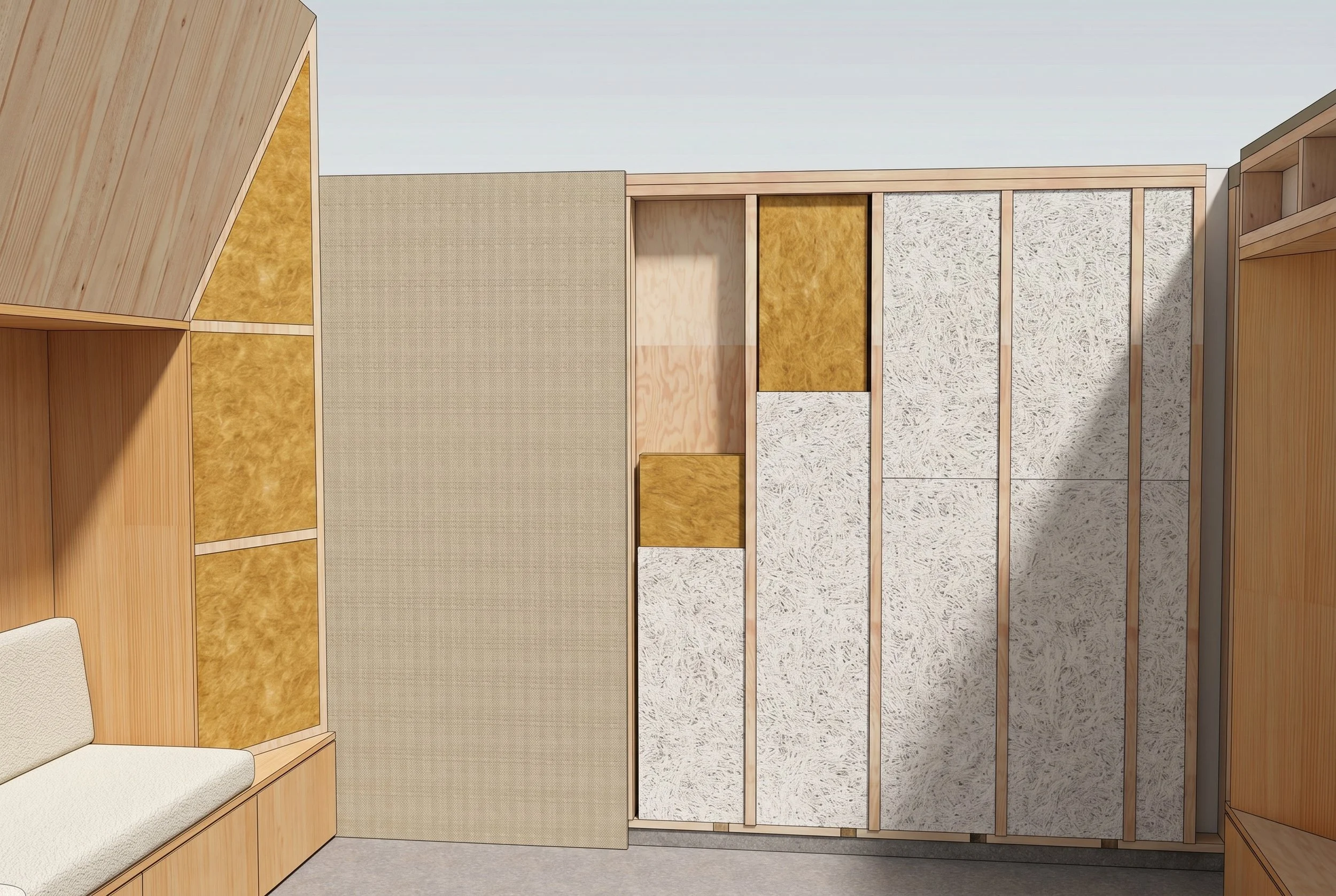 The rear wall assembly combines angled surfaces, fabric-wrapped acoustic treatment, Tec-Tum panels, and Owens Corning 703 insulation. Inspired by mid-century loudspeaker design, the geometry and material layers were carefully tuned to control reflect