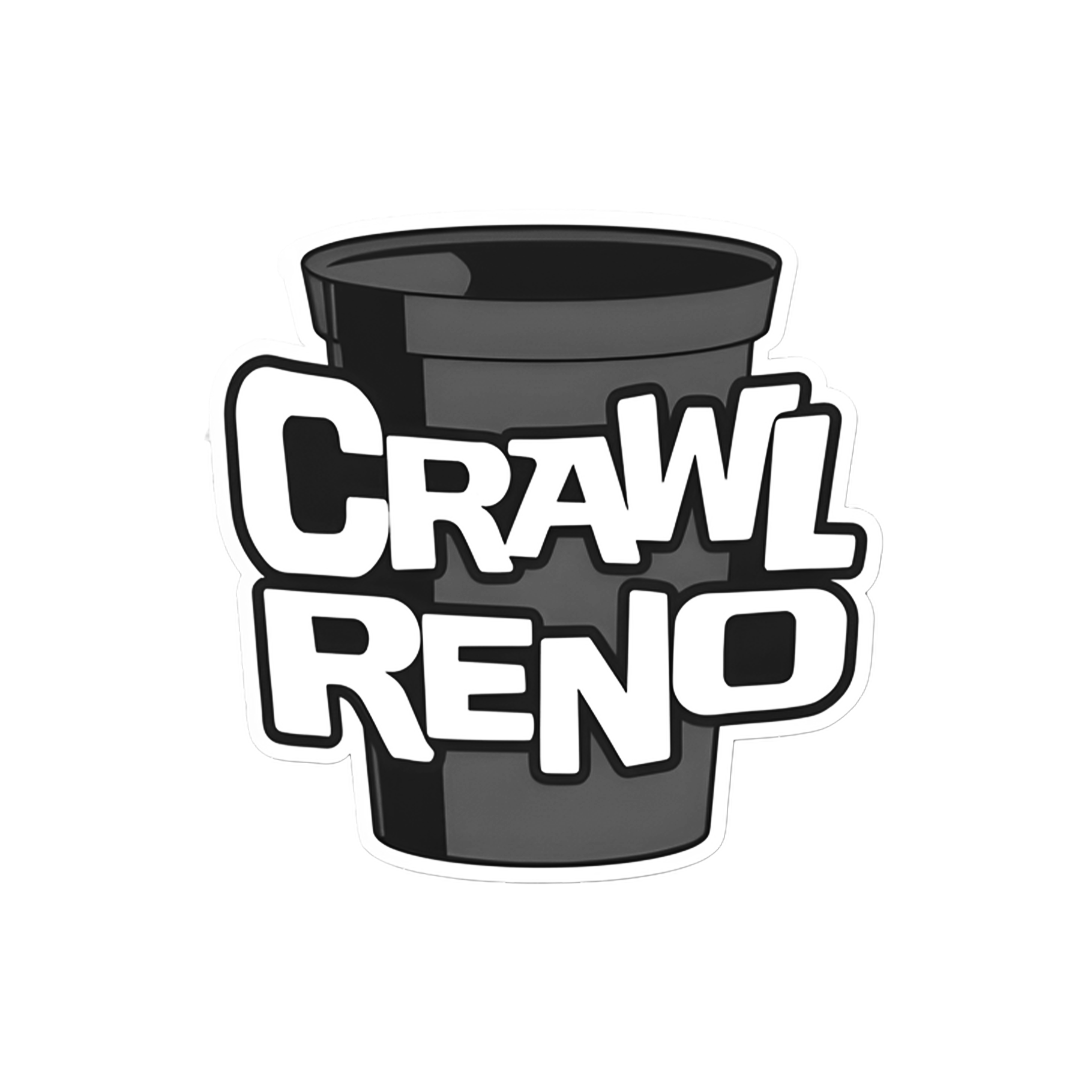 Stylized black and white cartoon of a coffee cup with the word "Caffeine" written on it, designed as a sticker.