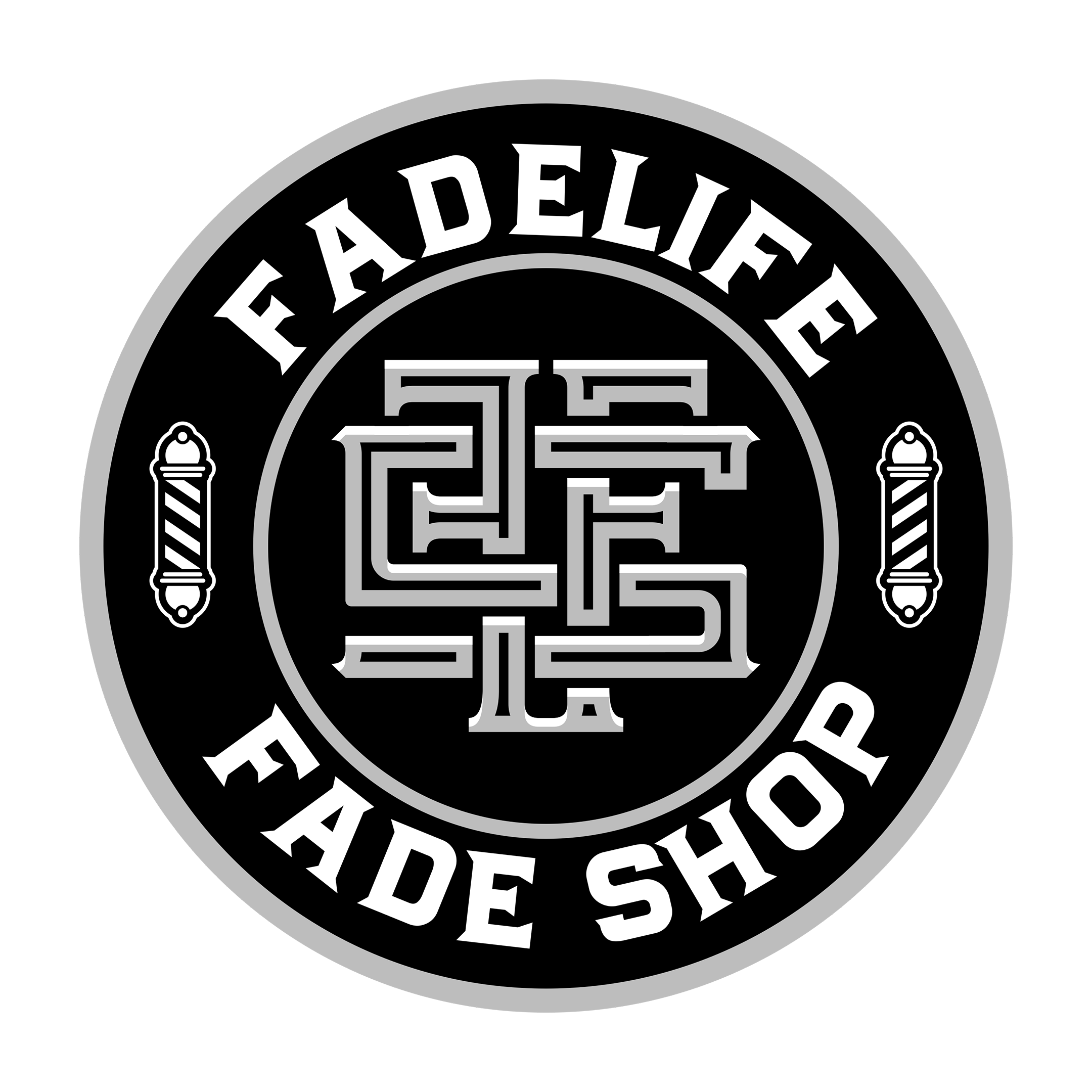 Close-up of a black and white circular logo with the text 'FADELI 125' inside.
