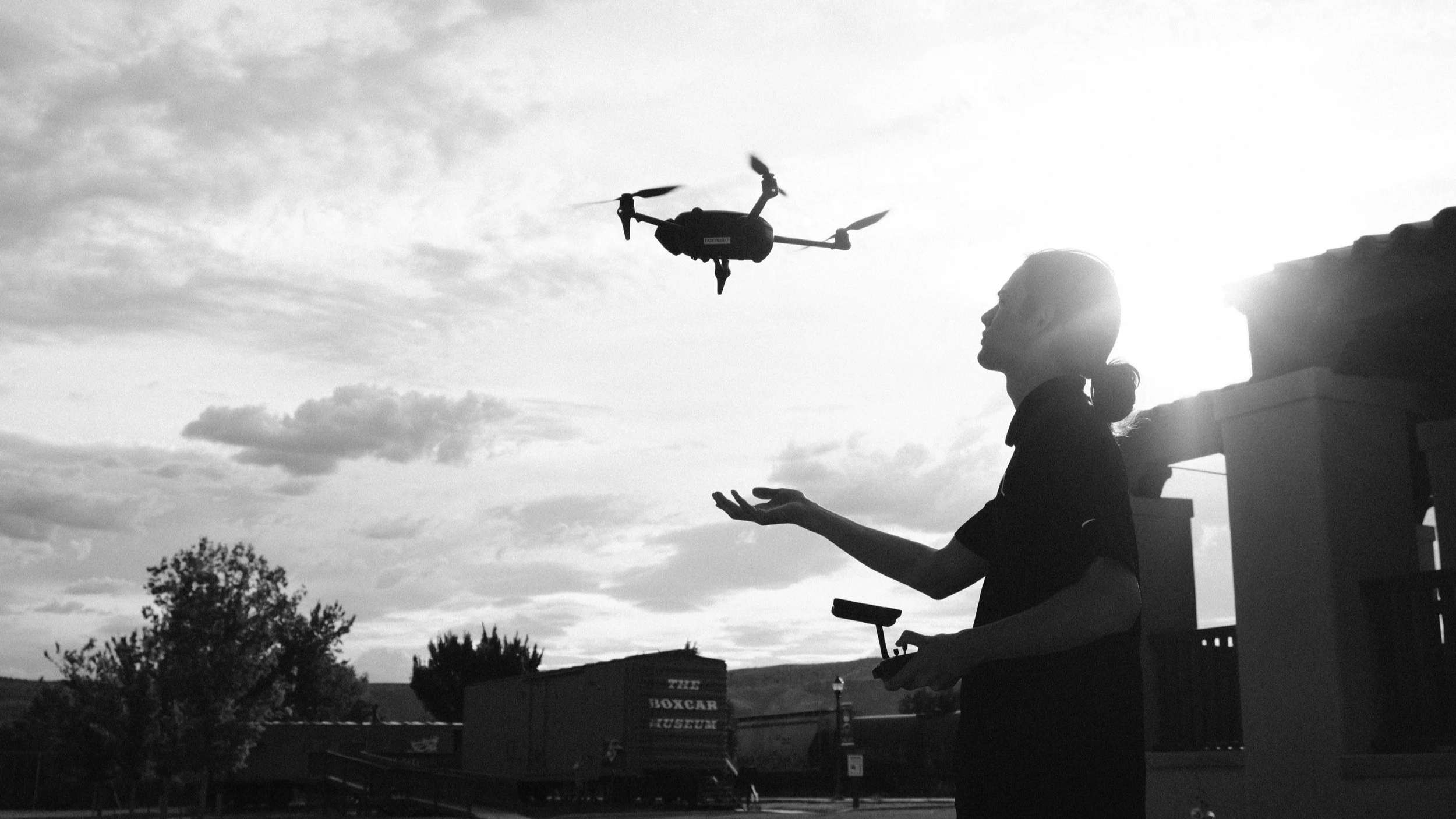 A person is holding a remote control, flying a drone in the sky during sunset or sunrise, with clouds and trees in the background.