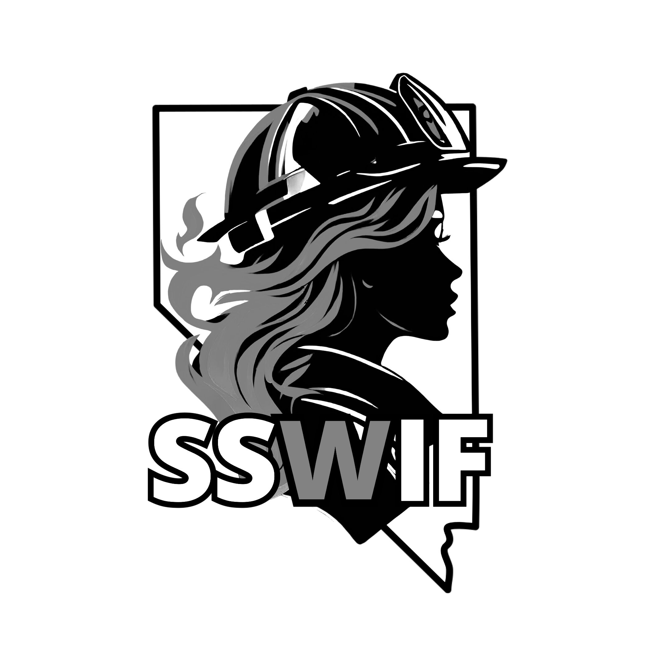 Black and white logo with a woman's profile, long flowing hair, and the text 'SAVE.'