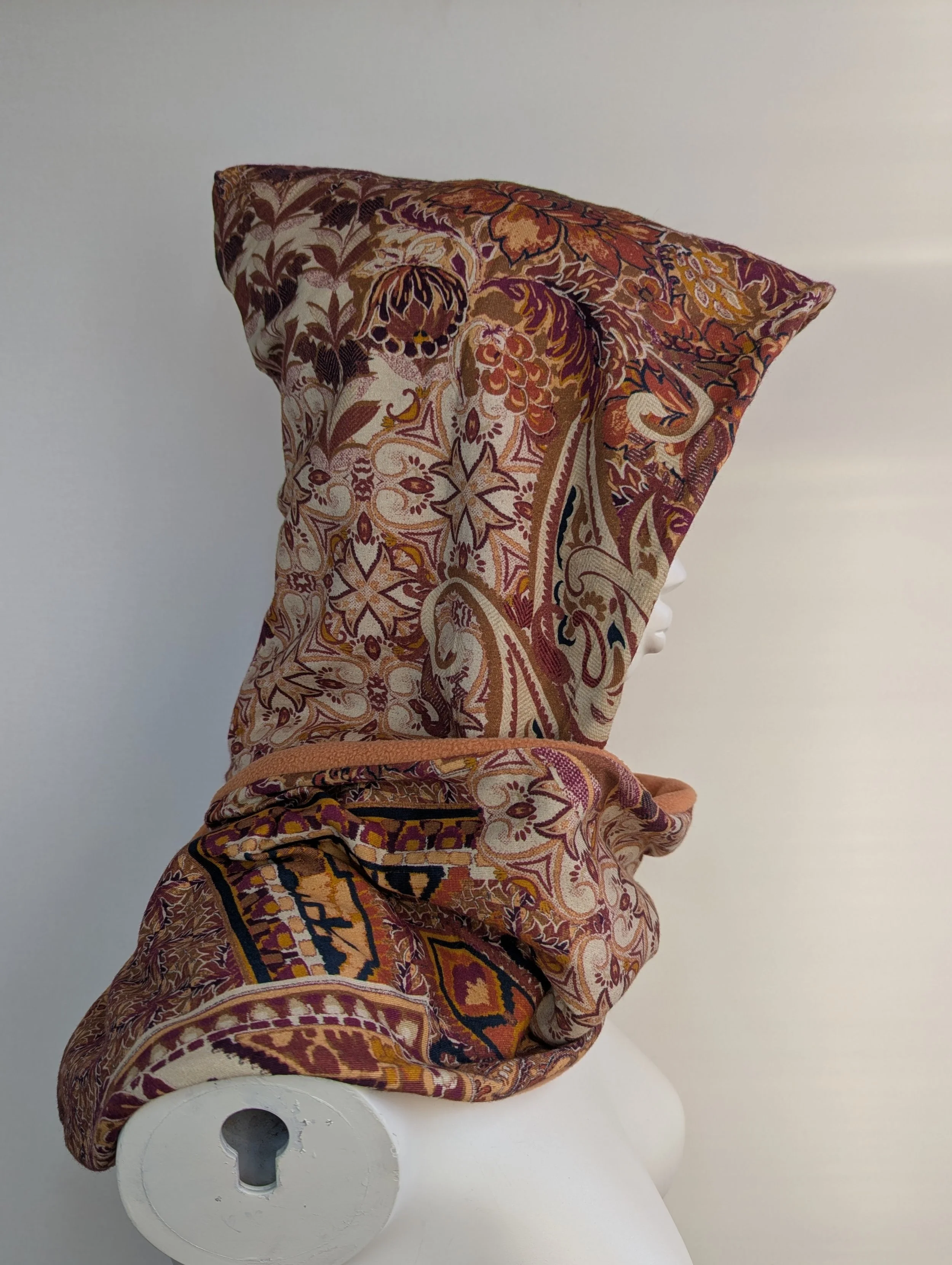 Peach Floral Aztec Print Pixie Hooded Scarf.4.jpg