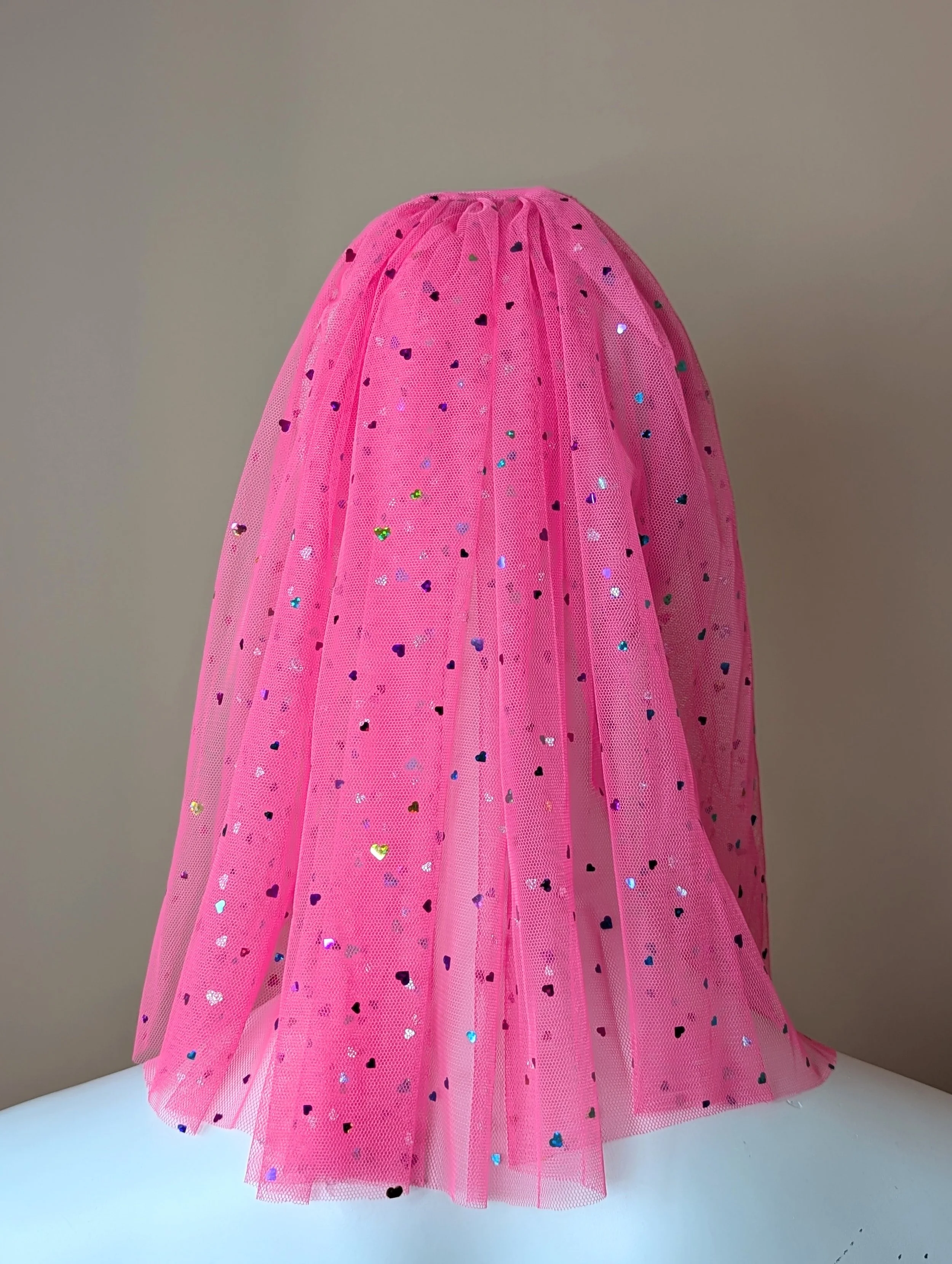 Neon Pink Bridal Wedding Veil with Holographic Hearts