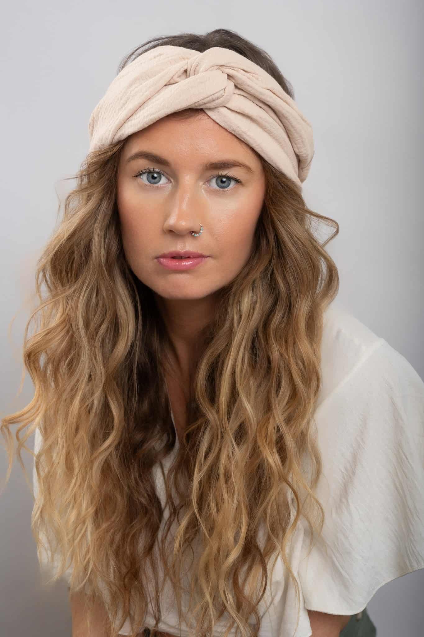 cotton gauze turban twist headband on bohemian model