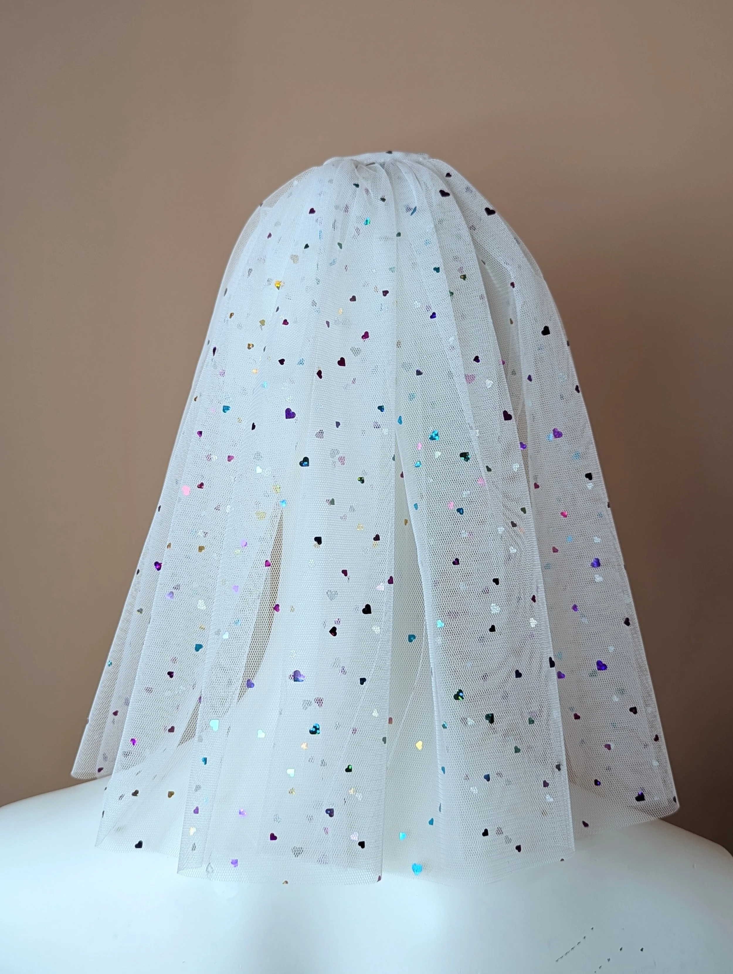 White Bridal Wedding Veil with Holographic Hearts