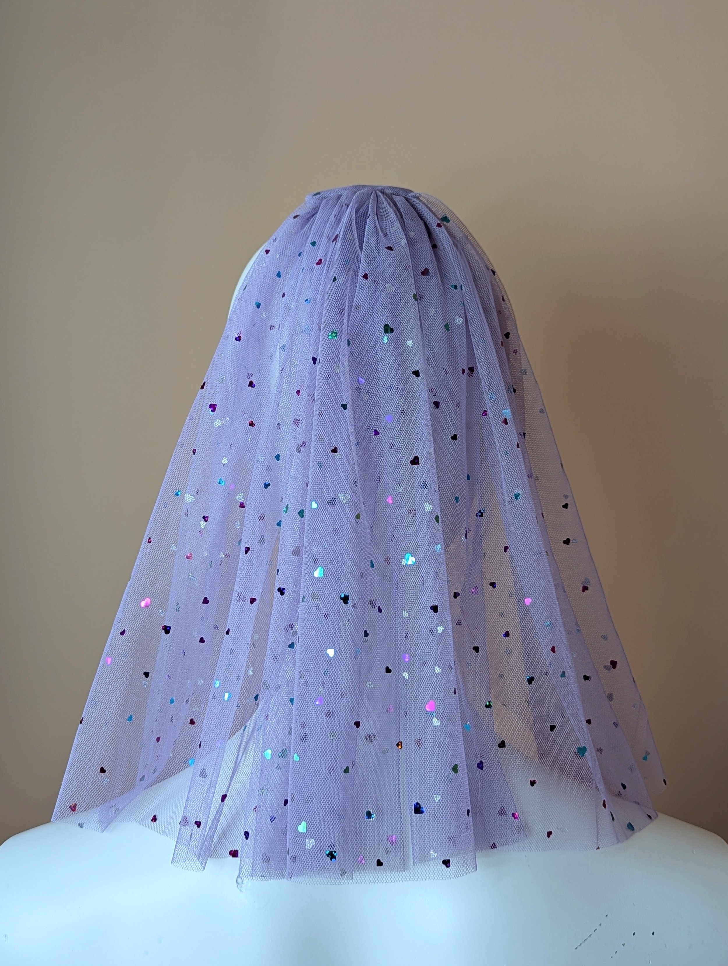Purple Bridal Wedding Veil with Holographic Hearts