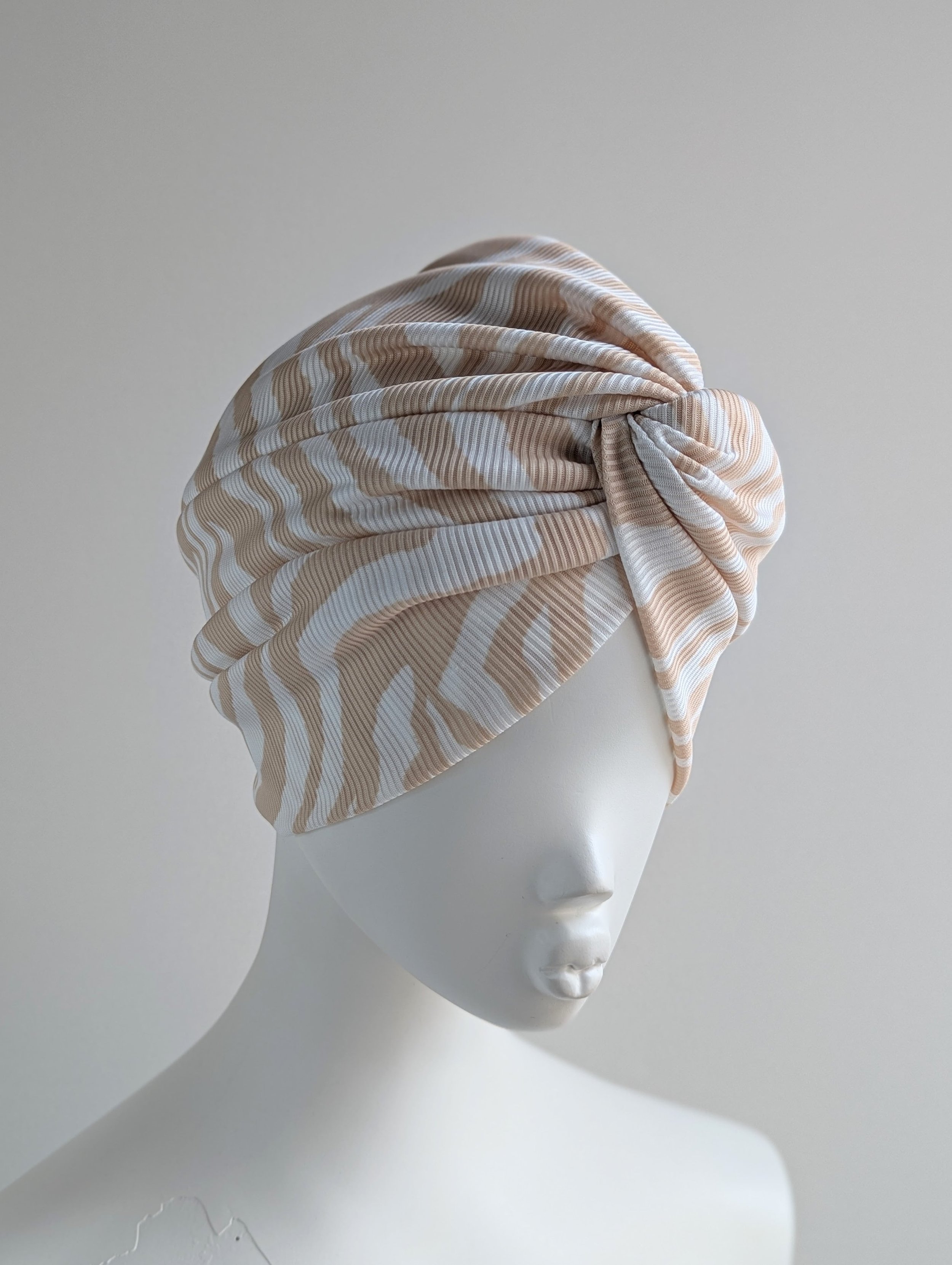 Beige White Zebra Ribbed Jersey Twist Turban Hat