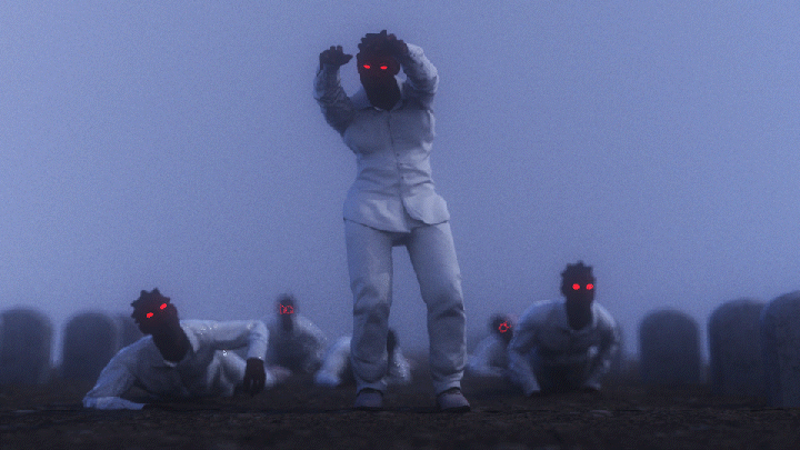 A person in white clothing with glowing red eyes standing in a foggy field, surrounded by others also with glowing red eyes, some crawling and some standing.