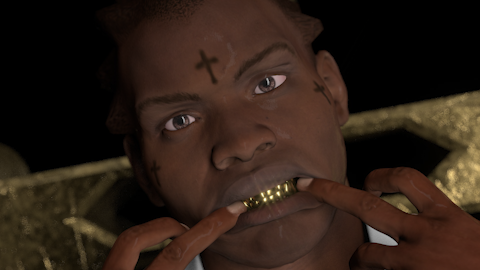A person with tattoos on their face, holding gold teeth with both hands, and looking directly at the camera.