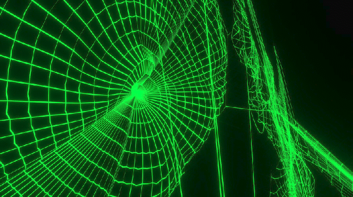 A digital 3D wireframe model in green lines on a black background, resembling a spinning or rotating geometric shape.