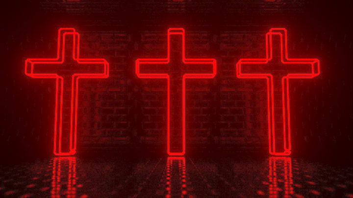 Neon red Christian crosses illuminated against a brick wall.