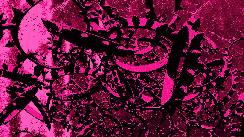 Abstract artwork with black and pink swirling and looping patterns.